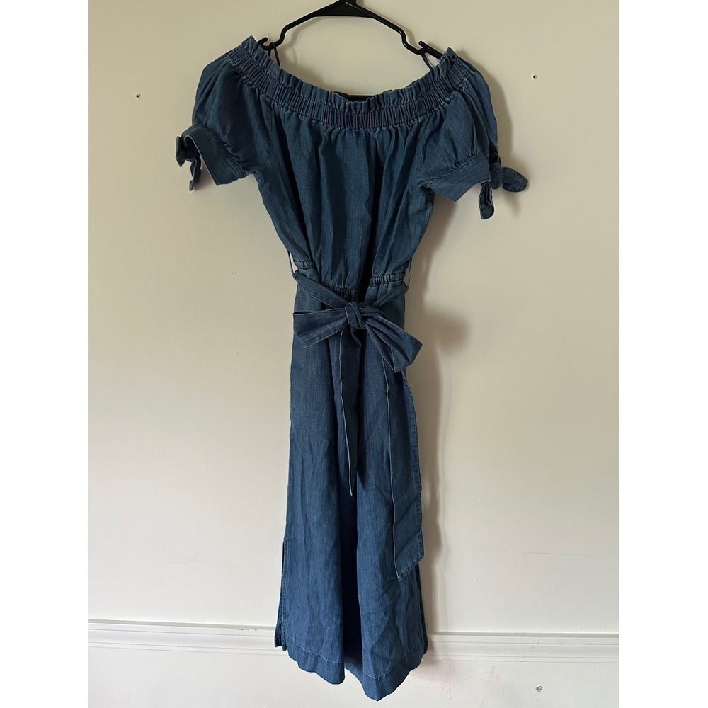 Vintage J. Crew Chambray Off Shoulder Midi Dress 2 Coastal Cowgirl Cottagecore - Picture 2 of 4